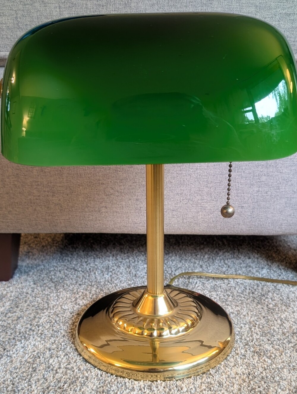 Vintage Emerald Green Banker's Lamp Cased Glass White Lined Shade Desk Light